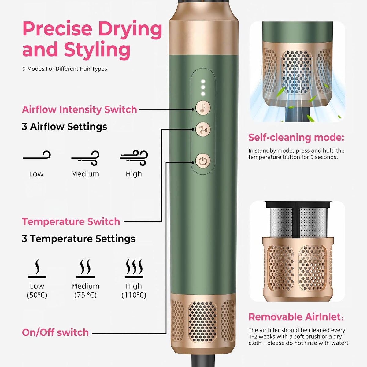 Cepillo Secador De Pelo Air Styler 7 EN 1, UKLISS Secador Pelo Profesional Con Difusor, Palo Automático De Rizado De Aire, Dar Volumen, Doblar, Suavizar, Secar El Cabello