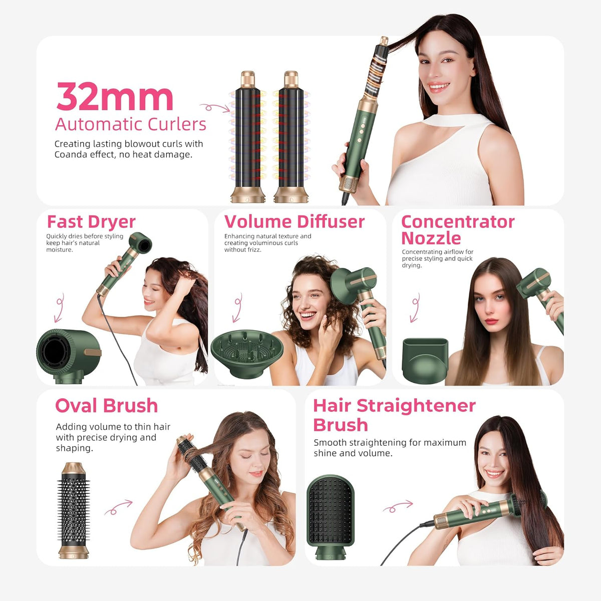 Cepillo Secador De Pelo Air Styler 7 EN 1, UKLISS Secador Pelo Profesional Con Difusor, Palo Automático De Rizado De Aire, Dar Volumen, Doblar, Suavizar, Secar El Cabello