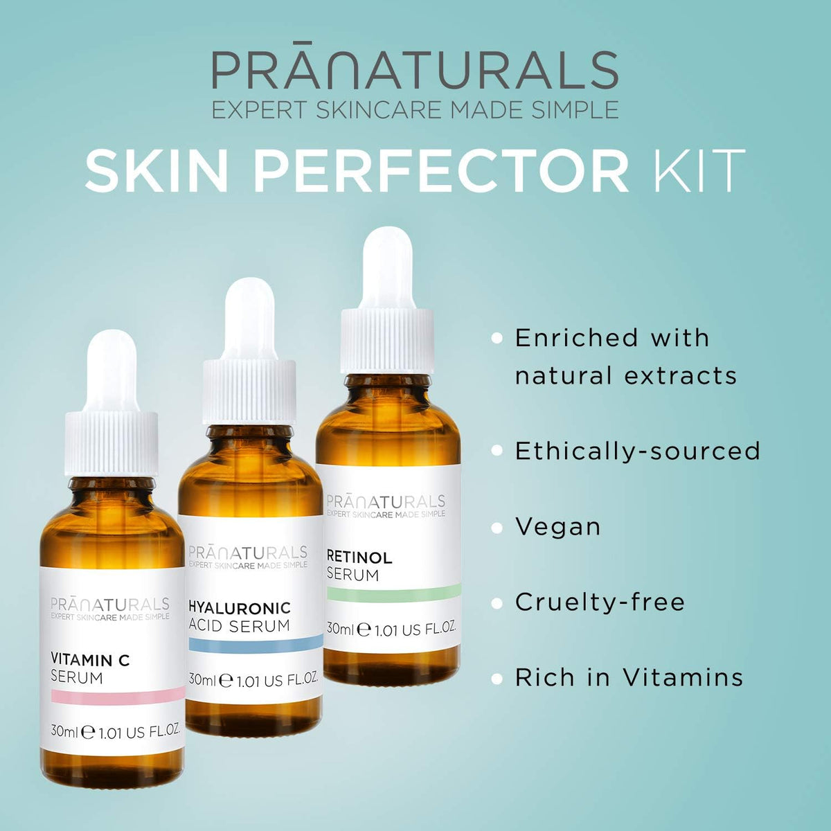 Pranaturals Kit De Sérums Faciales 3X30Ml - Ácido Hialurónico, Retinol