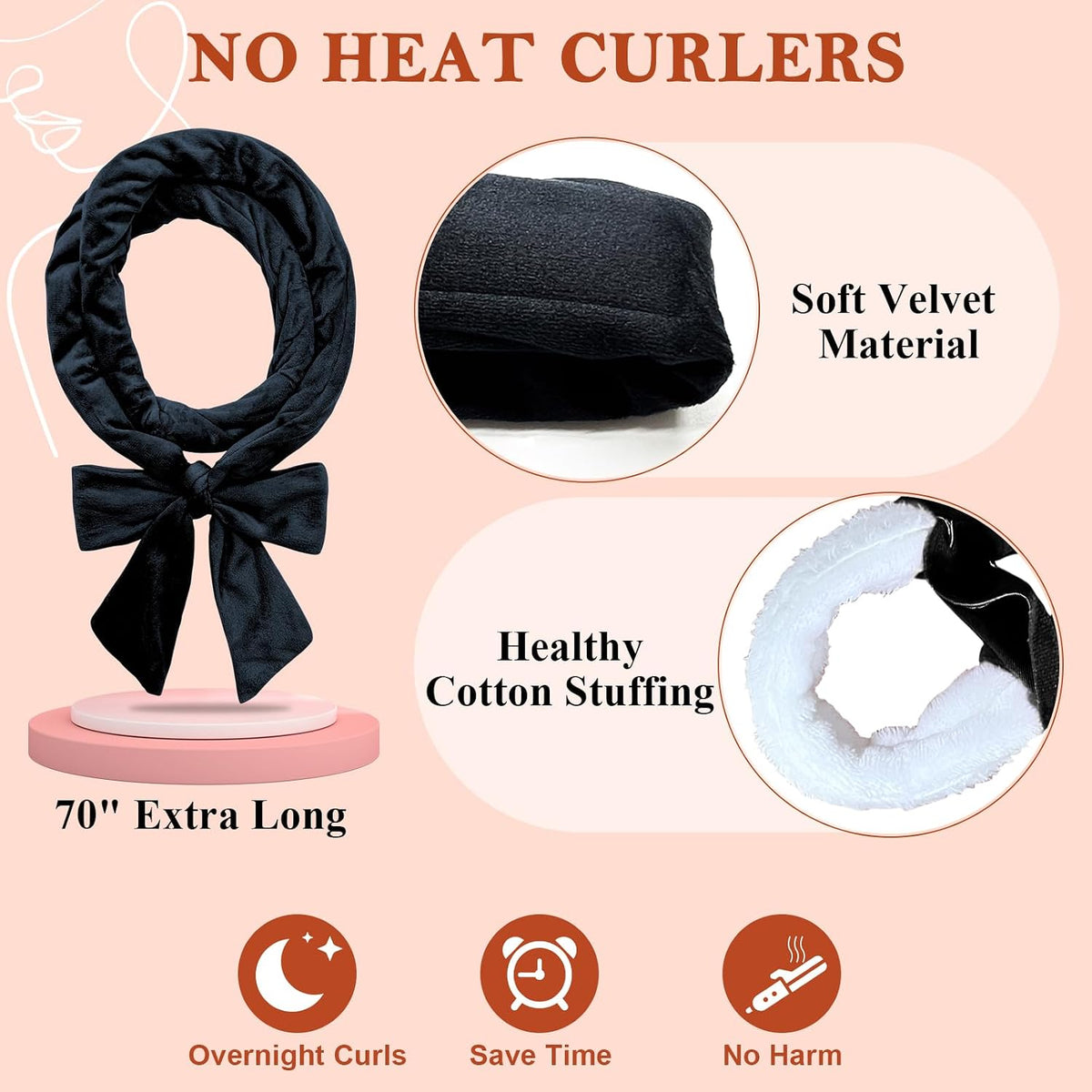 Terciopelo Rizador De Pelo Durante La Noche Cinta De Pelo Hacer Rizos Sin Calor, Rizadores De Cabello Sin Calefacción Y Suaves, Juego De Rizadores Sin Calor Para Cabello Mediano Y Largo, Negro